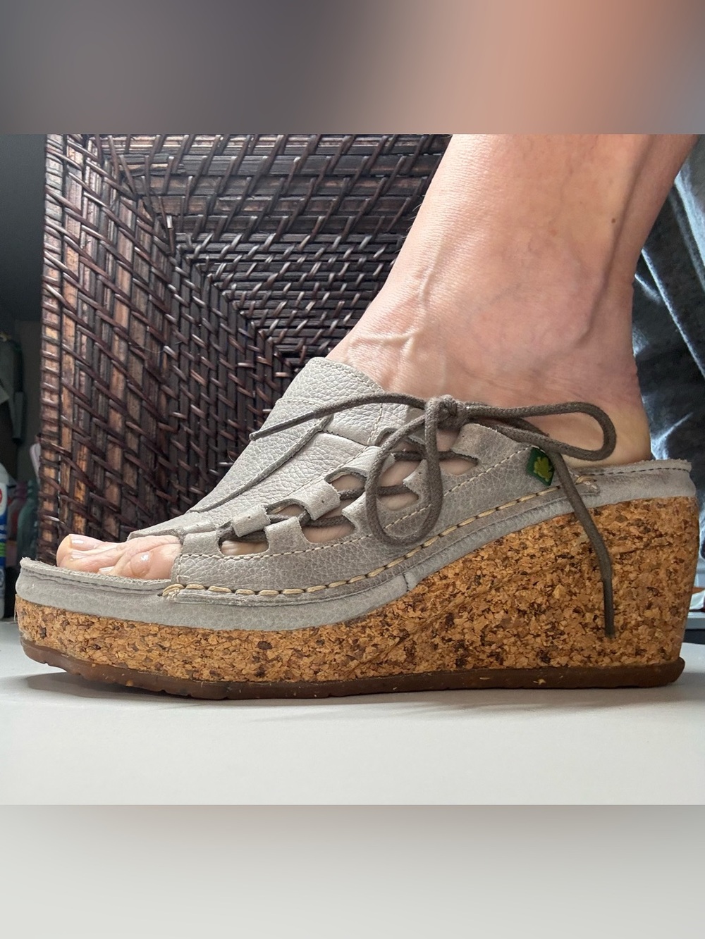 EL NATURA LISTA 🐸 soft-gray Leather Lace-Up Cork Wedge Slide Sandals